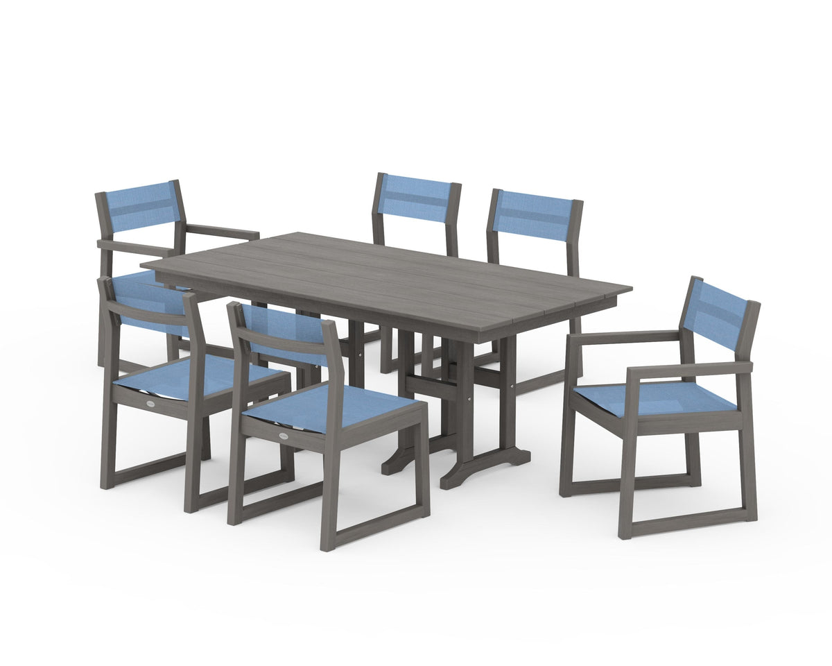 POLYWOOD EDGE Sling 7-Piece Farmhouse Dining Set in Driftwood / Poolside