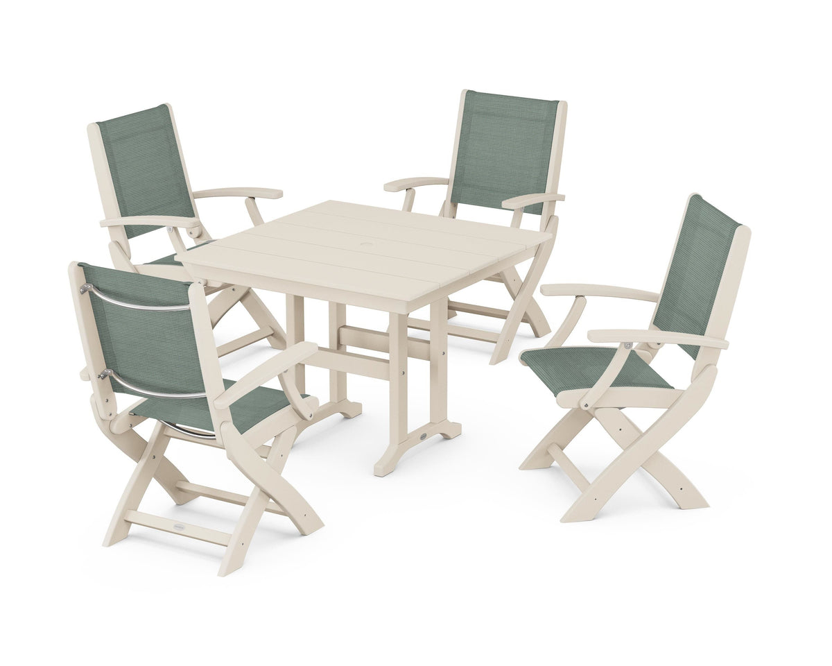 POLYWOOD Coastal Folding Chair 5-Piece Farmhouse Dining Set in Sand / Dupioni Sea Mist