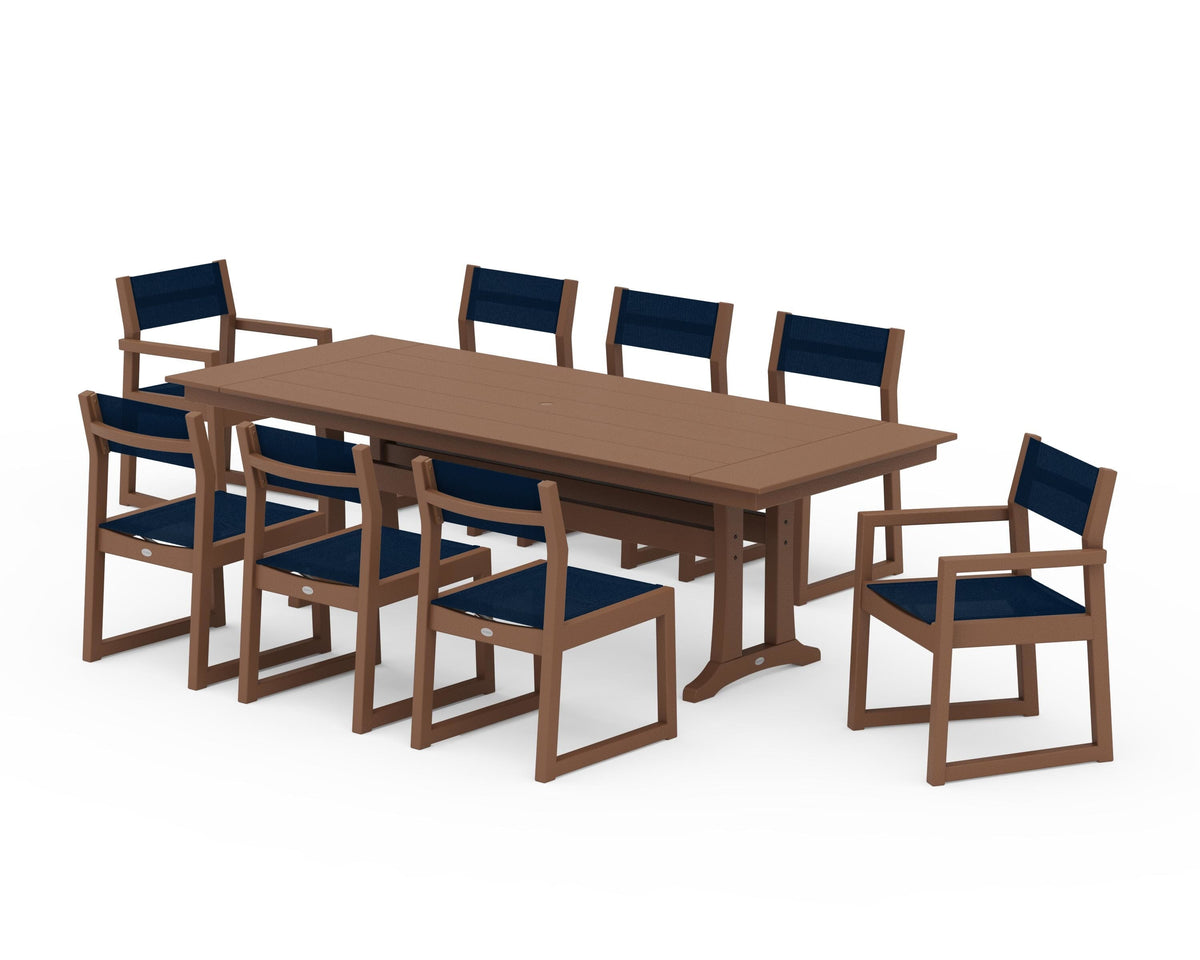 POLYWOOD EDGE Sling 9-Piece Farmhouse Trestle Dining Set in Teak / Navy Blue