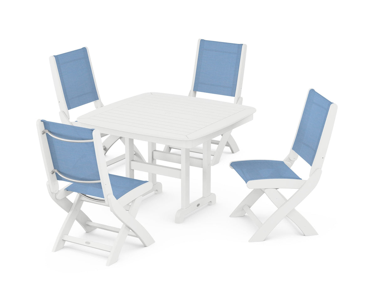 POLYWOOD Coastal Folding Side Chair 5-Piece Dining Set with Nautical 44" Dining Table in White / Poolside