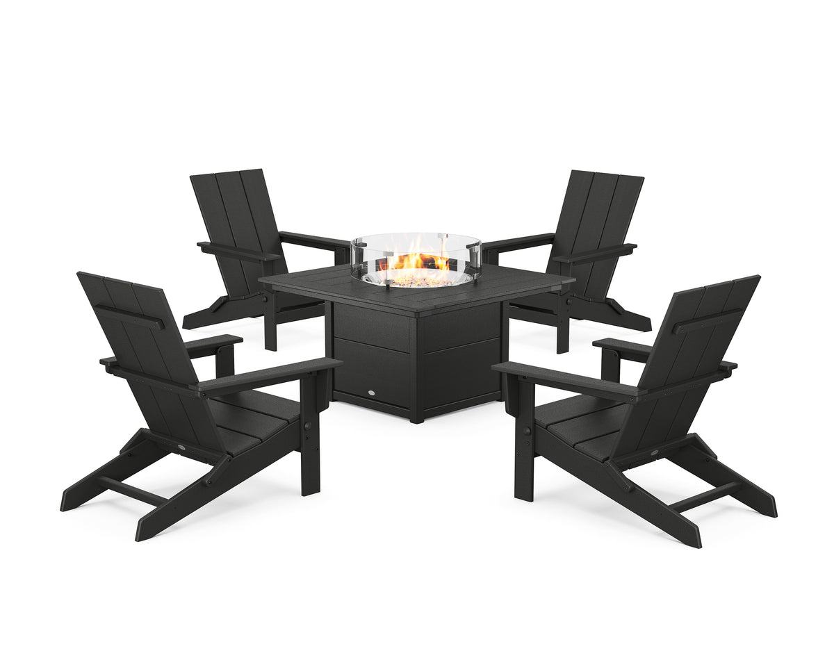 POLYWOOD 5-Piece Modern Studio Folding Adirondack Conversation Set with Fire Pit Table in Black