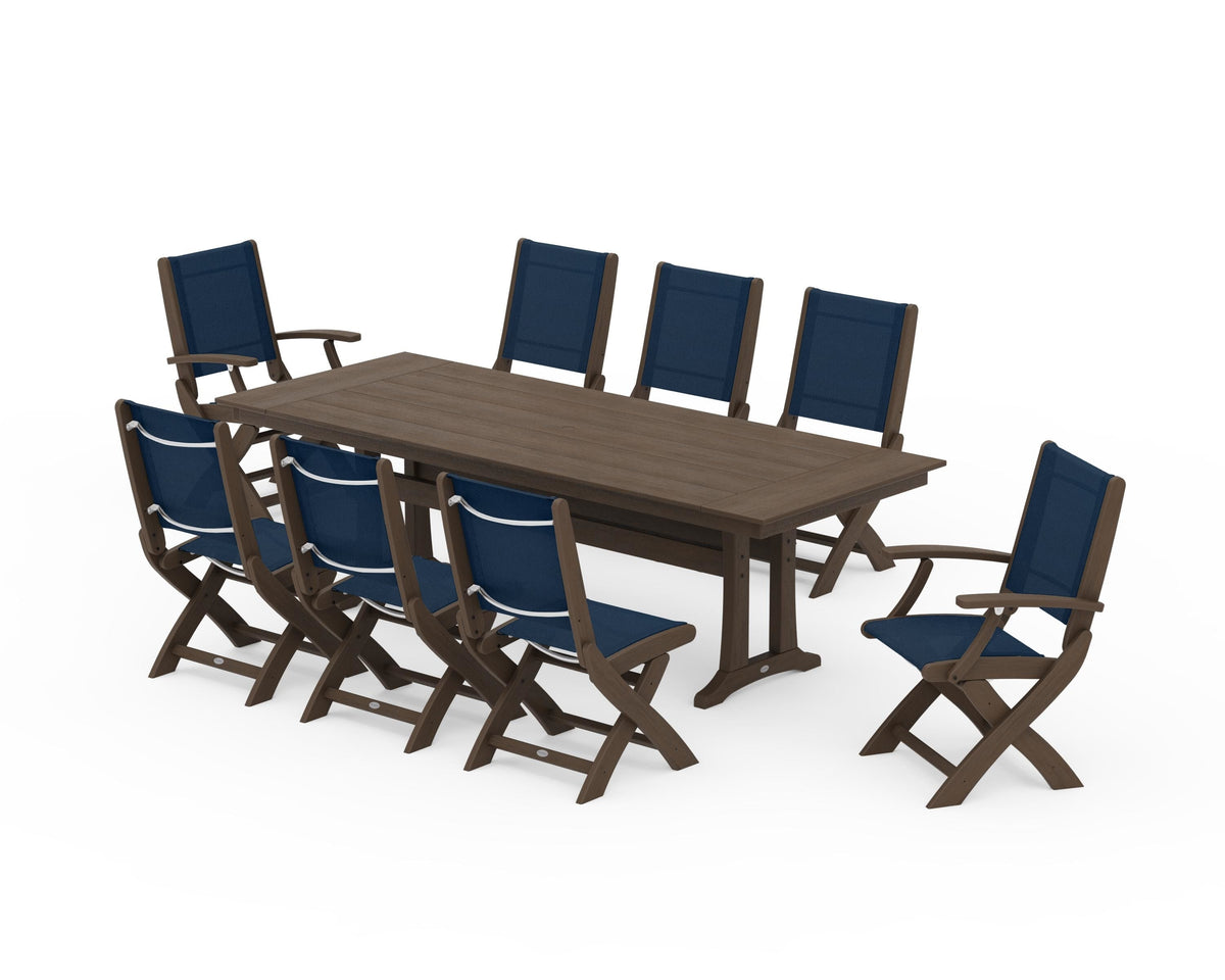 POLYWOOD Coastal 9-Piece Folding Dining Chair Farmhouse Dining Set with Trestle Legs in Kona / Navy Blue