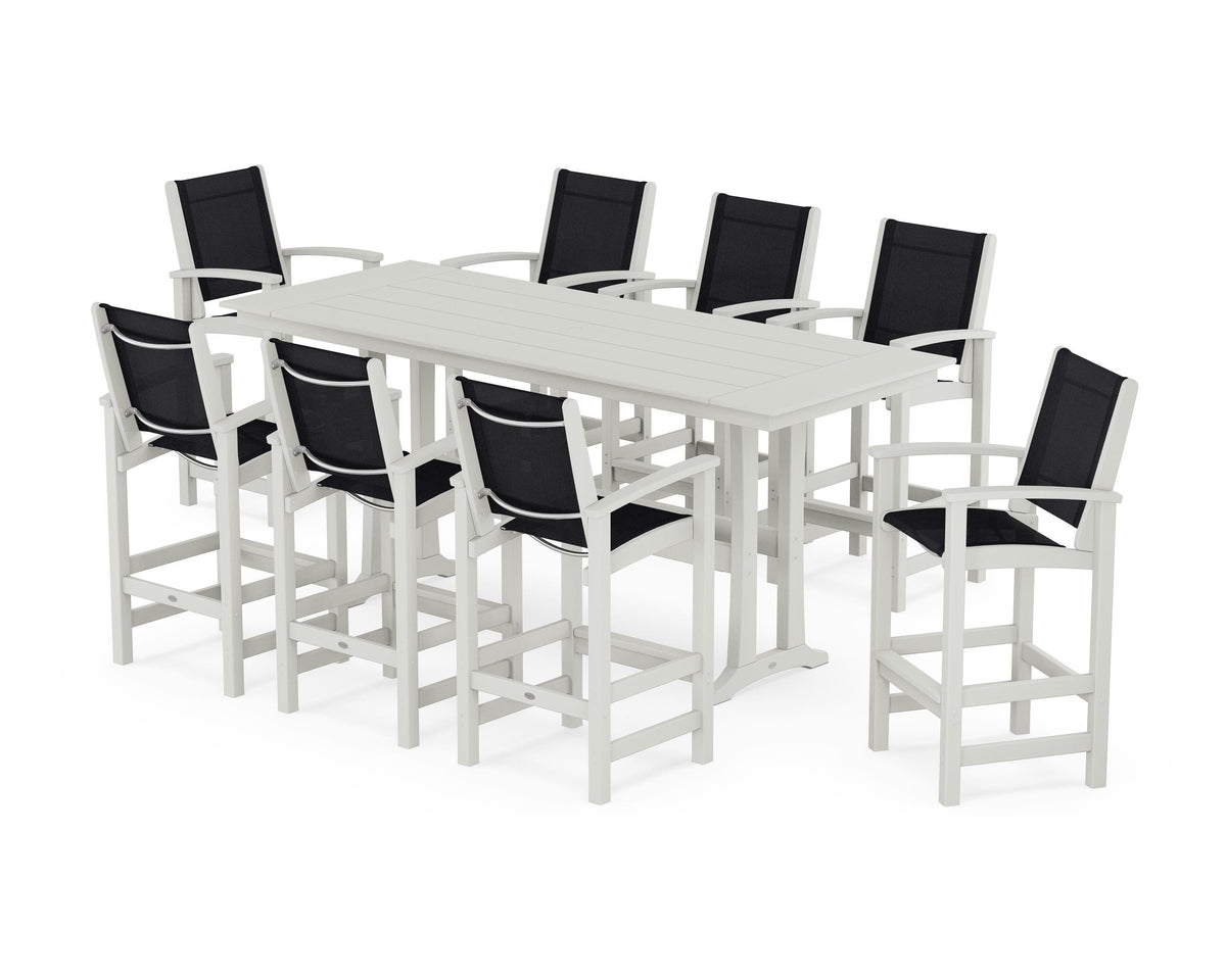 POLYWOOD Coastal 9-Piece Farmhouse Bar Set with Trestle Legs in Vintage White / Black