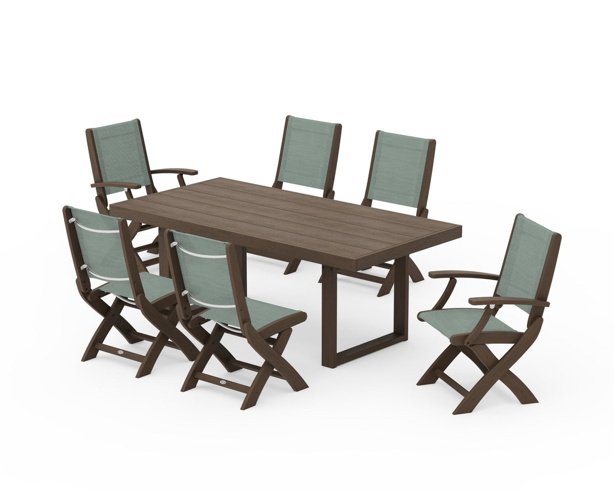 POLYWOOD Coastal Folding Chair 7-Piece Dining Set with Trestle Legs with EDGE 40" x 78" Dining Table in Kona / Dupioni Sea Mist