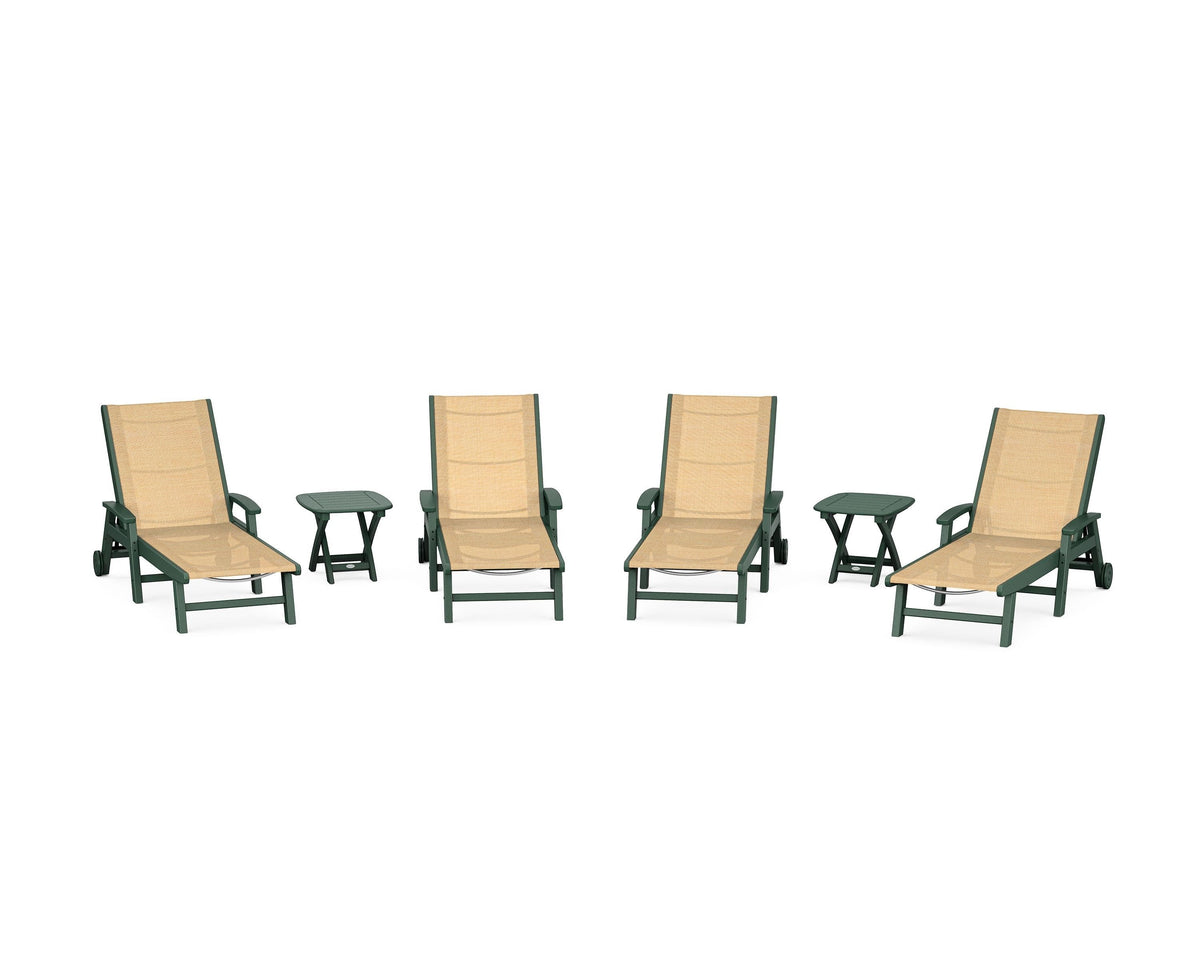 POLYWOOD Coastal Chaise 6-Piece Set with Wheels in Green / Dupioni Apricot