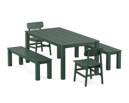 POLYWOOD Modern Studio Urban Chair 5-Piece Parsons Dining Set with Benches - 38" x 72" Table in Green