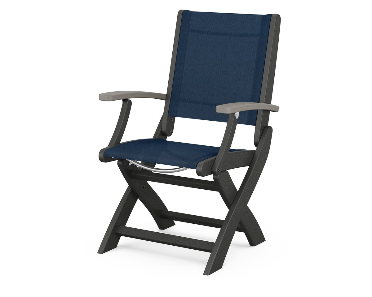 POLYWOOD Coastal Folding Chair in Black with Driftwood arms and Navy Blue sling