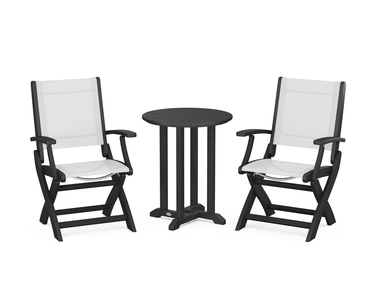 POLYWOOD Coastal Folding 3-Piece Round Bistro Dining Set in Black / White
