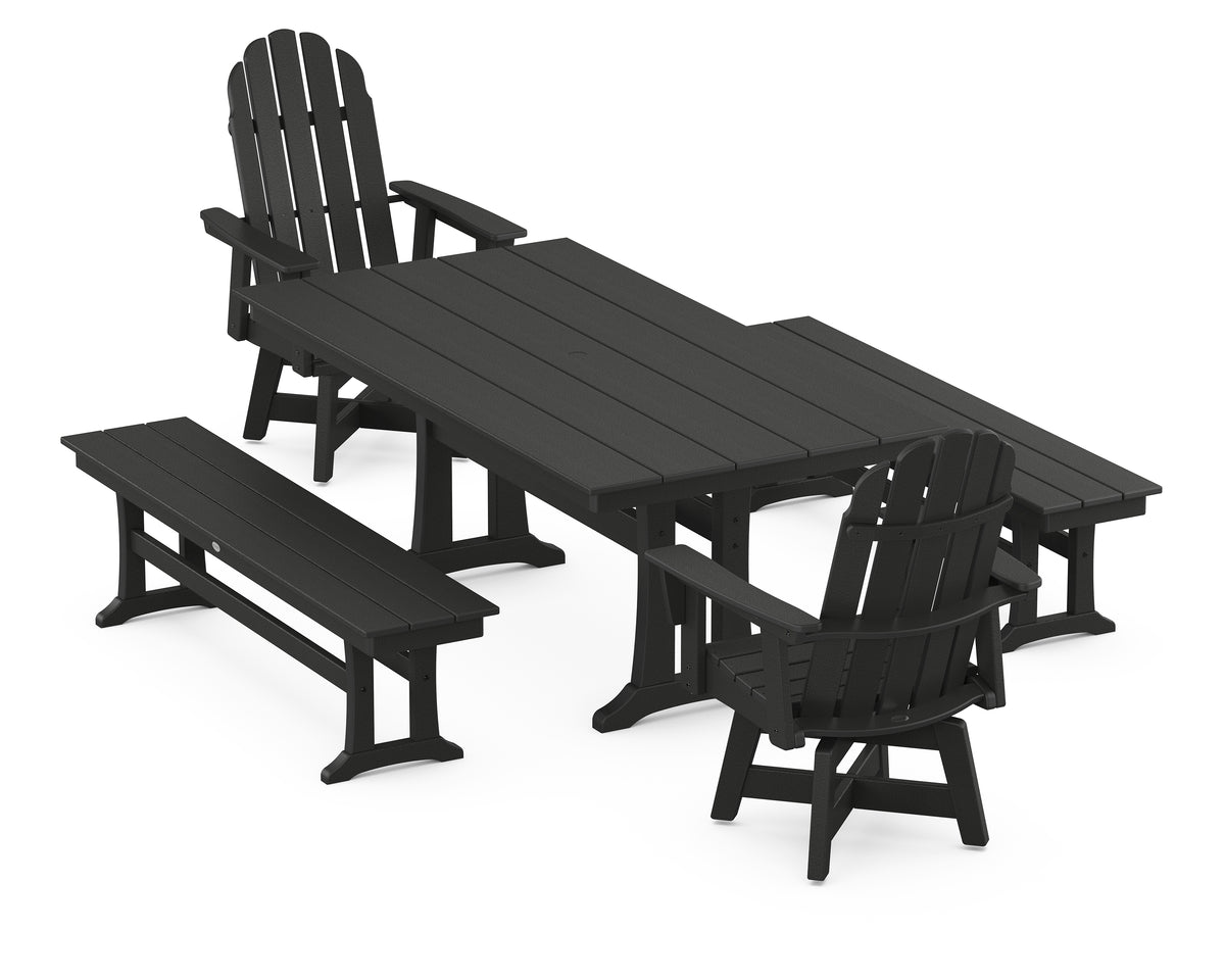 POLYWOOD Vineyard Curveback Adirondack Swivel Chair 5-Piece Farmhouse Dining Set with Trestle Legs and Benches in Black