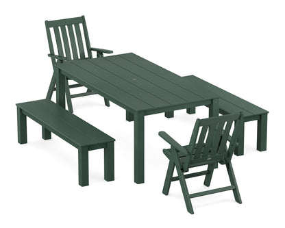 POLYWOOD Vineyard Folding Chair 5-Piece Parsons Dining Set with Benches in Green