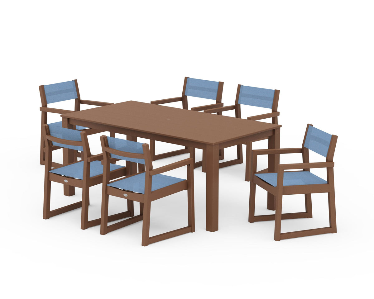 POLYWOOD EDGE Sling Arm Chair 7-Piece Parsons Dining Set in Teak / Poolside