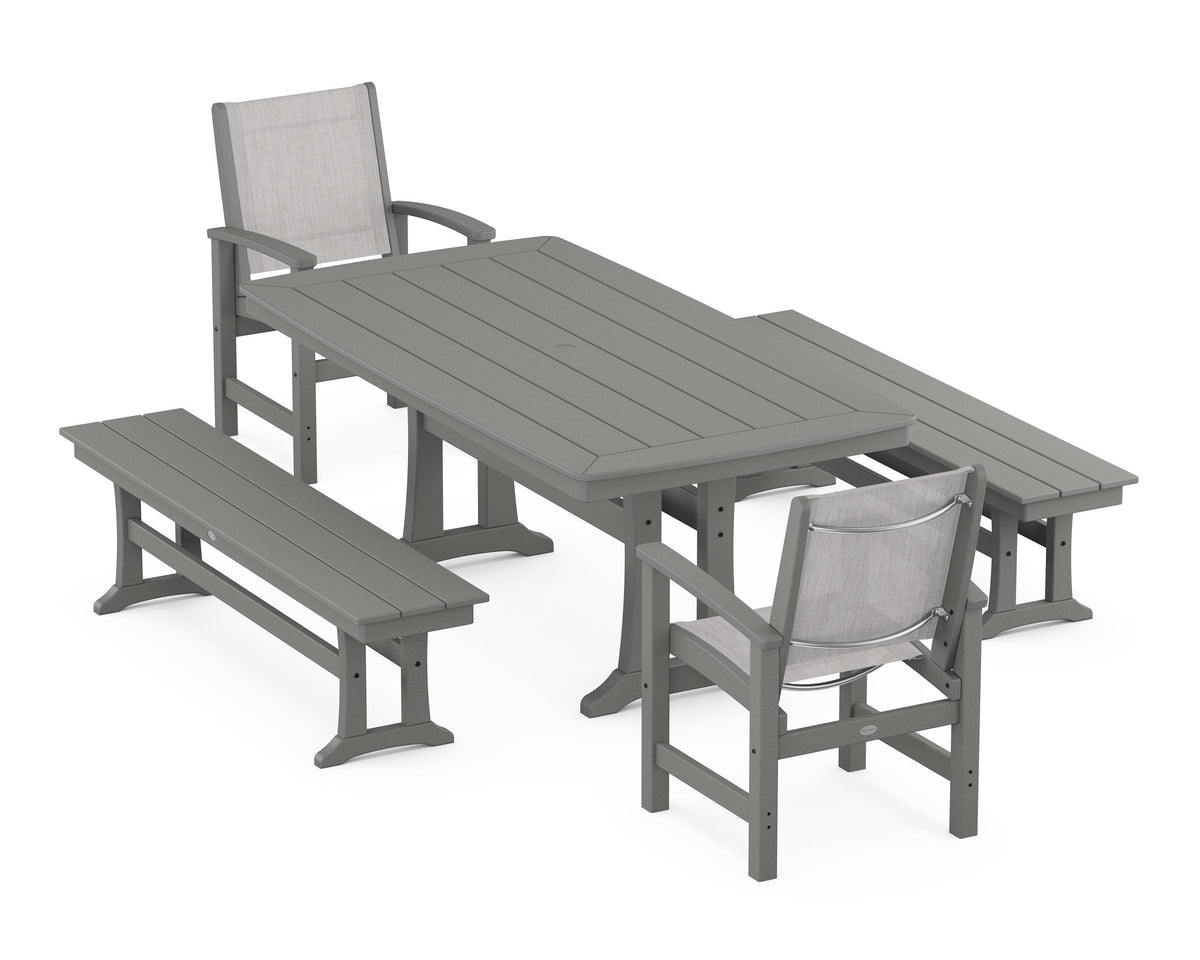 POLYWOOD Coastal 5-Piece Dining Set with Trestle Legs and Benches in Slate Grey / Parchment