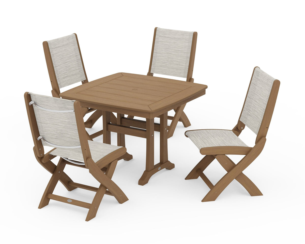 POLYWOOD Coastal Folding Side Chair 5-Piece Dining Set with Trestle Legs in Natural / Birch
