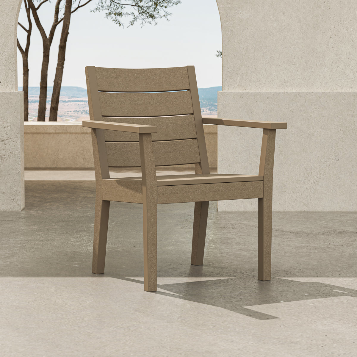 POLYWOOD Latitude Dining Arm Chair in Vintage Sahara in an outdoor setting