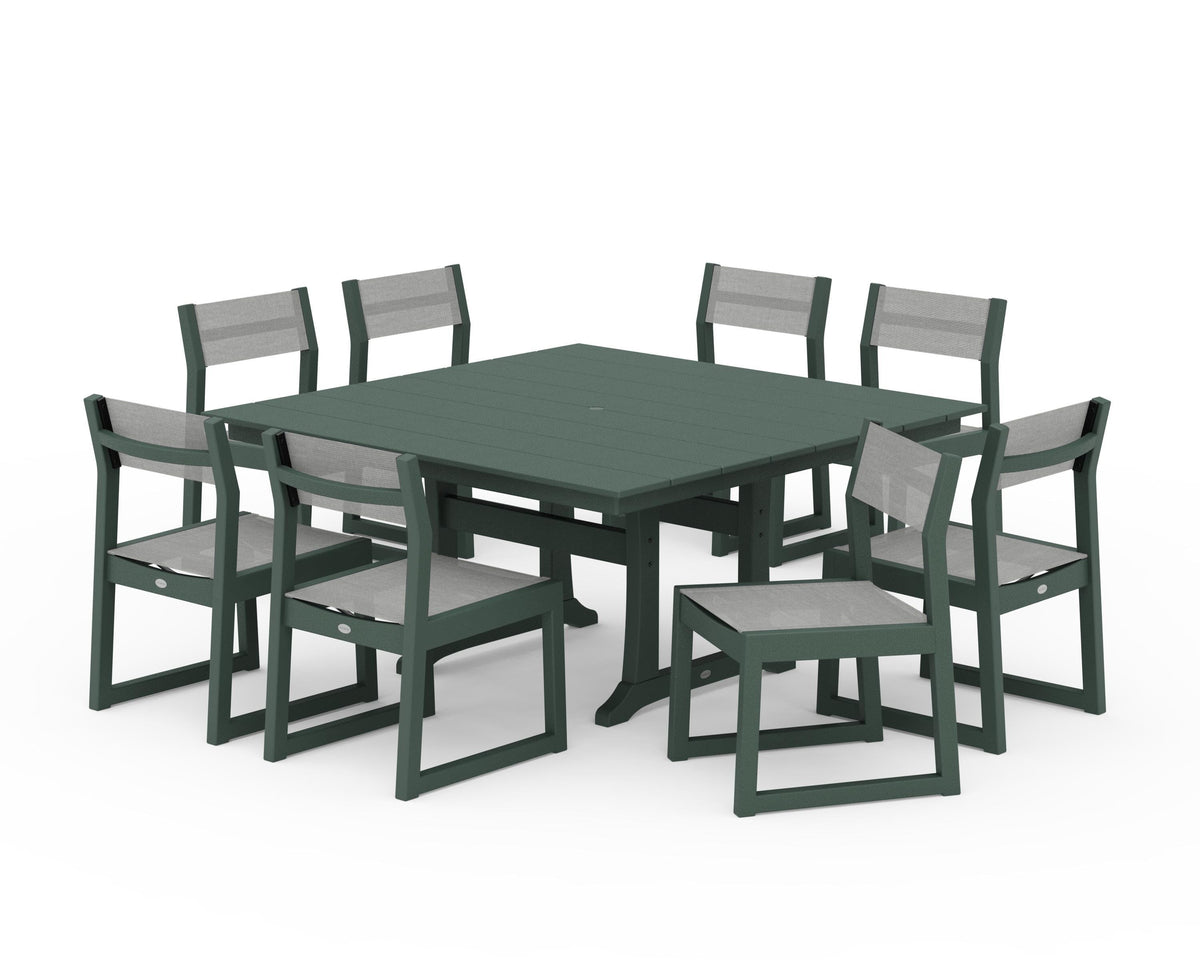 POLYWOOD EDGE Sling Side Chair 9-Piece Farmhouse Trestle Dining Set in Green / Metallic