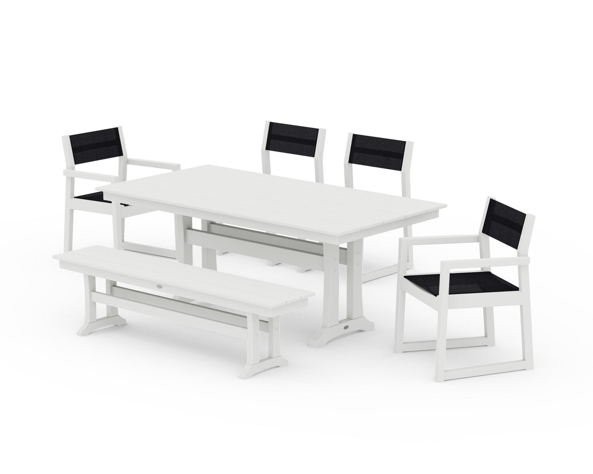 POLYWOOD EDGE Sling 6-Piece Farmhouse Dining Set With Trestle Legs in Vintage White / Black