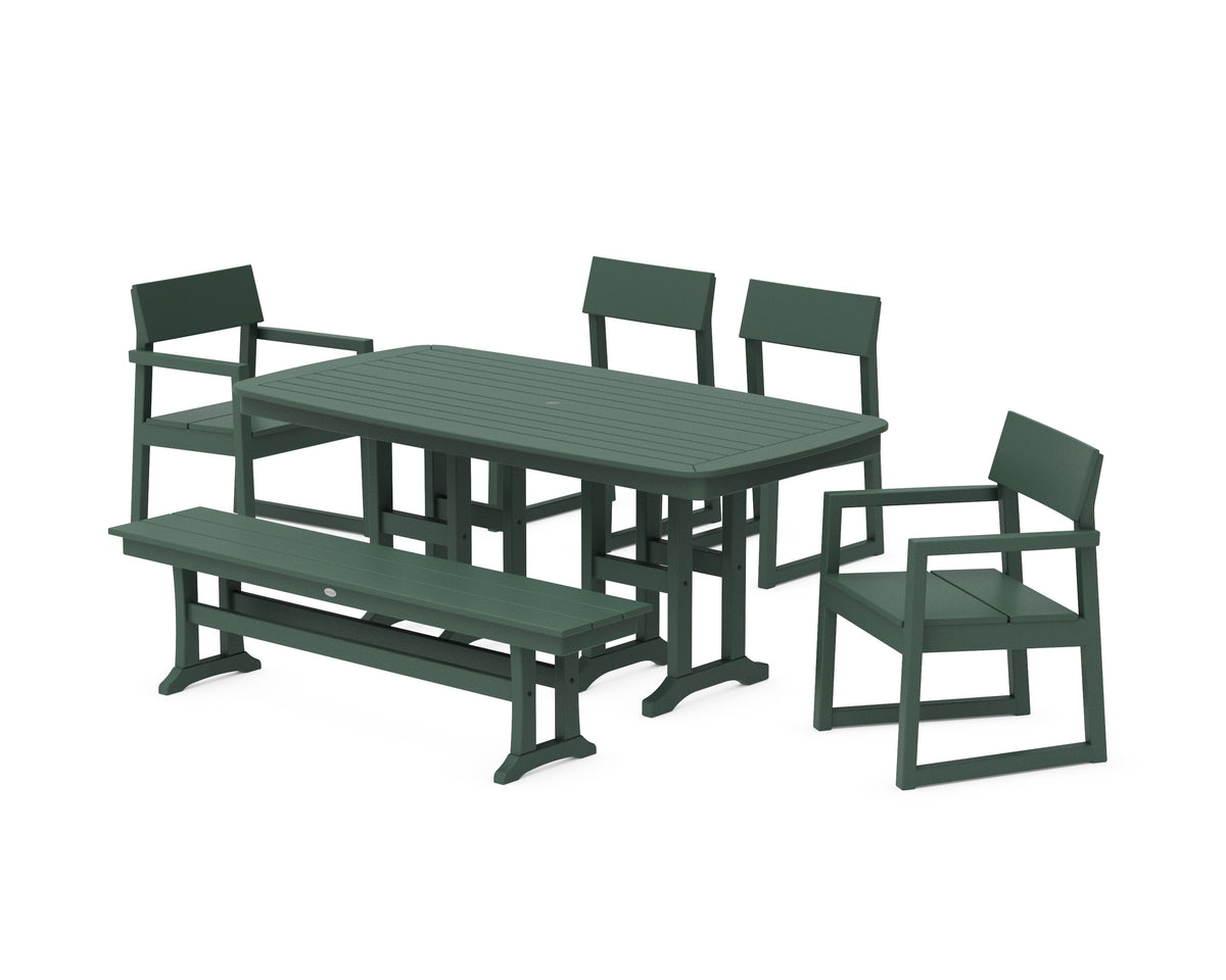 POLYWOOD EDGE 6-Piece Dining Set with Bench (Nautical 37" x 72" Table) in Green
