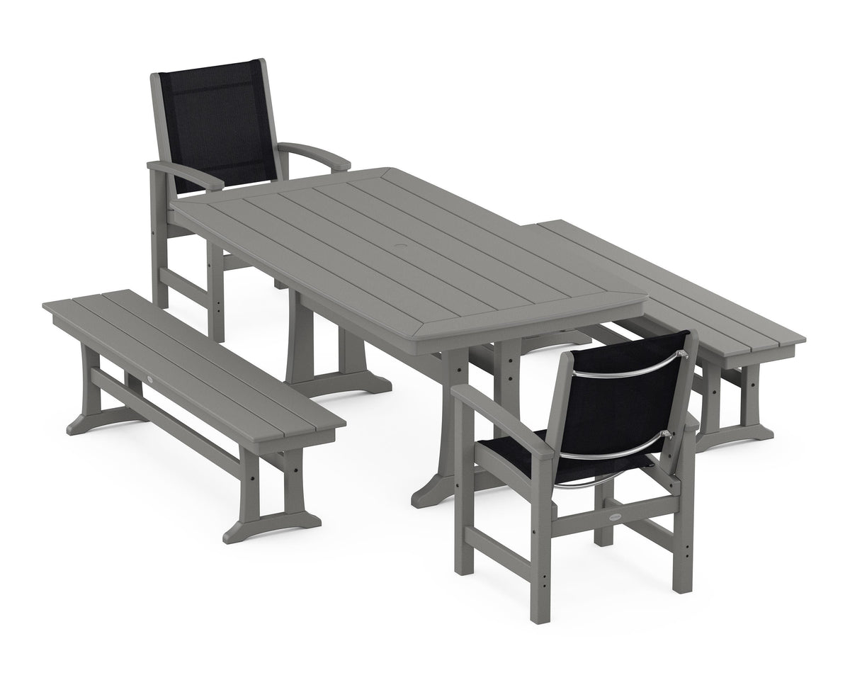 POLYWOOD Coastal 5-Piece Dining Set with Trestle Legs and Benches in Slate Grey / Black
