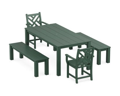 POLYWOOD Chippendale 5-Piece Parsons Dining Set with Benches in Green