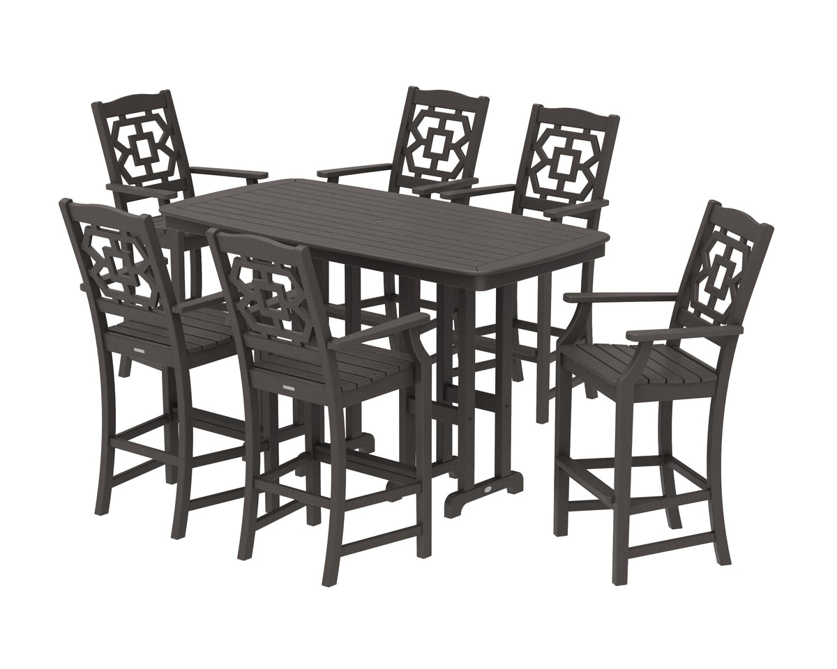 POLYWOOD Chinoiserie Arm Chair 7-Piece Bar Set in Vintage Coffee