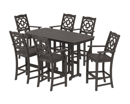 POLYWOOD Chinoiserie Arm Chair 7-Piece Bar Set in Vintage Coffee