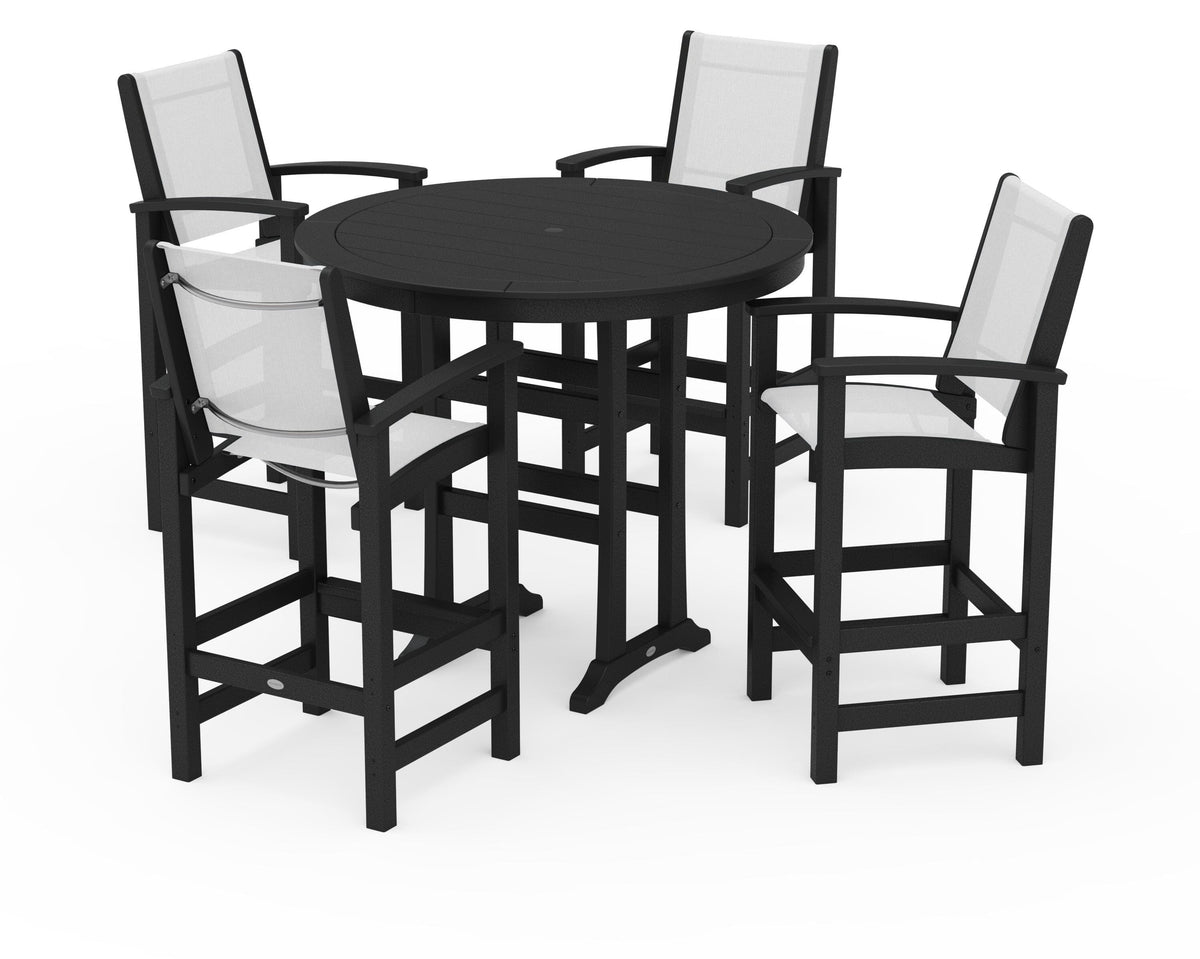 POLYWOOD Coastal 5-Piece Nautical Trestle Bar Set in Black / White
