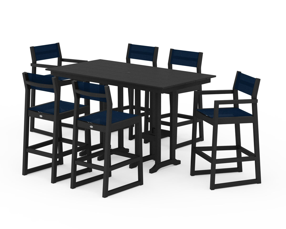 POLYWOOD EDGE Sling 7-Piece Farmhouse Bar Set in Black / Navy Blue