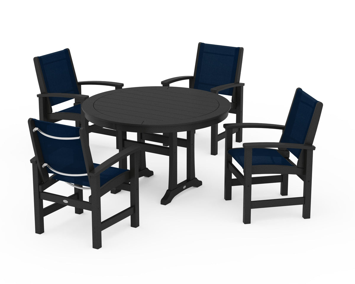 POLYWOOD Coastal 5-Piece Round Dining Set with Trestle Legs in Black / Navy Blue