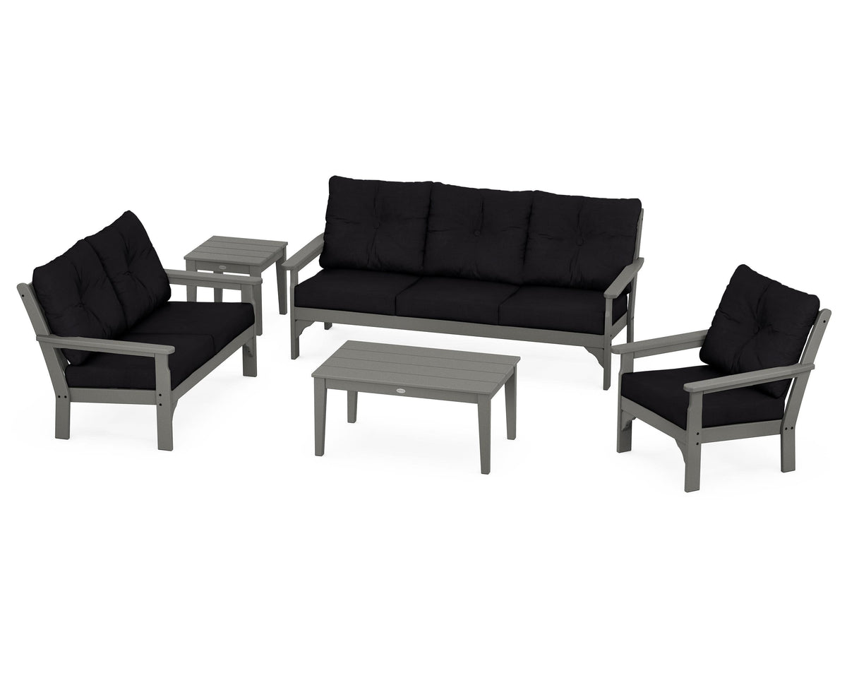 POLYWOOD Vineyard 5-Piece Deep Seating Set with Sofa in Slate Grey / Midnight Linen