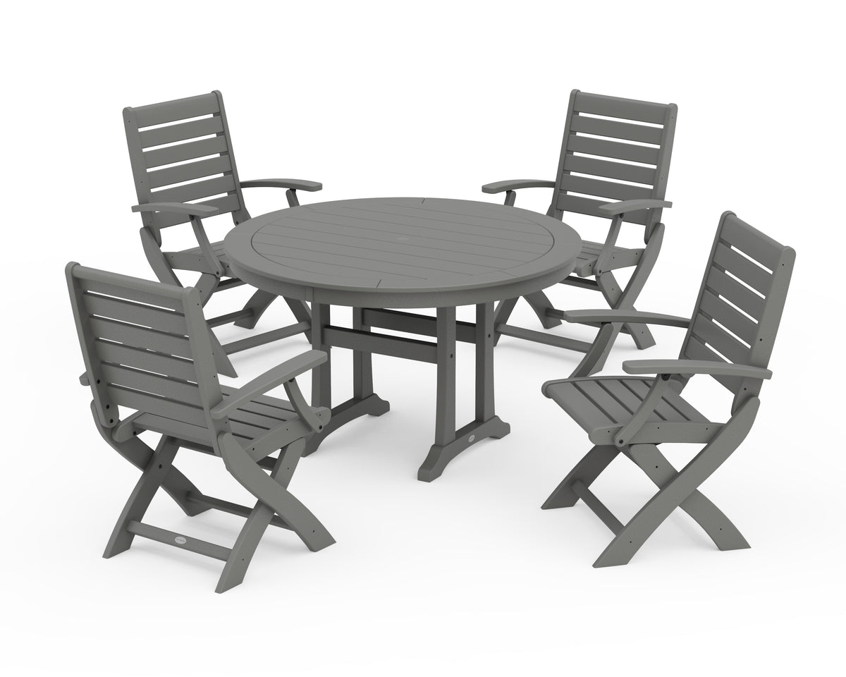 POLYWOOD Signature Folding Chair 5-Piece Round Dining Set with Trestle Legs in Slate Grey
