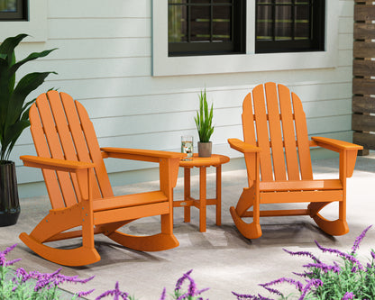 POLYWOOD Vineyard 3-Piece Adirondack Rocking Chair Set with 18" Round Table in Tangerine in an outdoor setting