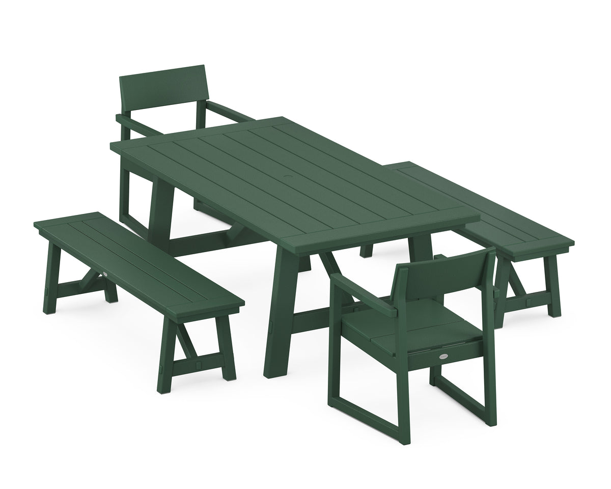 POLYWOOD EDGE 5-Piece Rustic Farmhouse Dining Set with Benches in Green