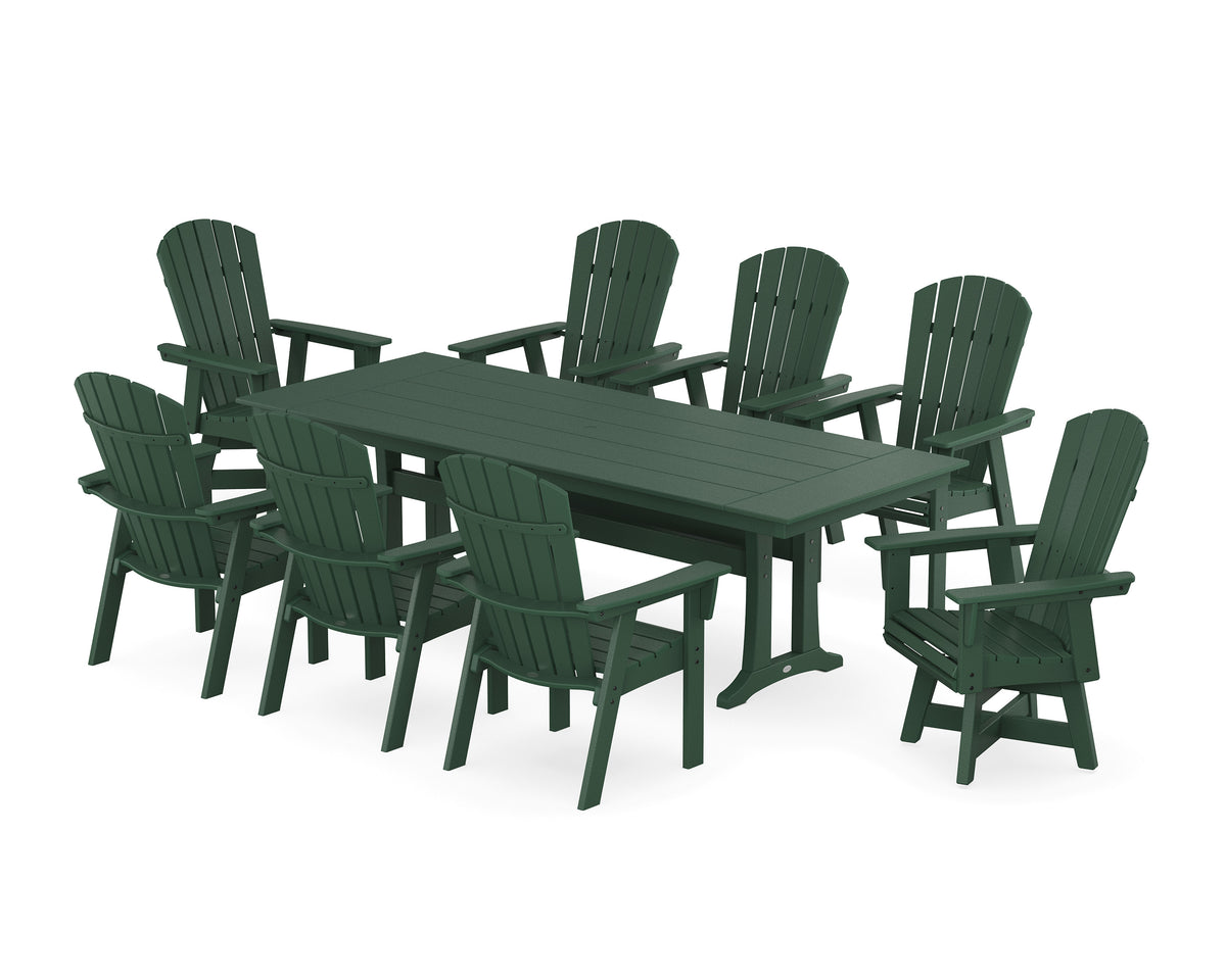POLYWOOD Nautical Curveback Adirondack Swivel 9-Piece Farmhouse Dining Set with Trestle Legs in Green