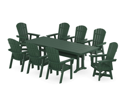 POLYWOOD Nautical Curveback Adirondack Swivel 9-Piece Farmhouse Dining Set with Trestle Legs in Green