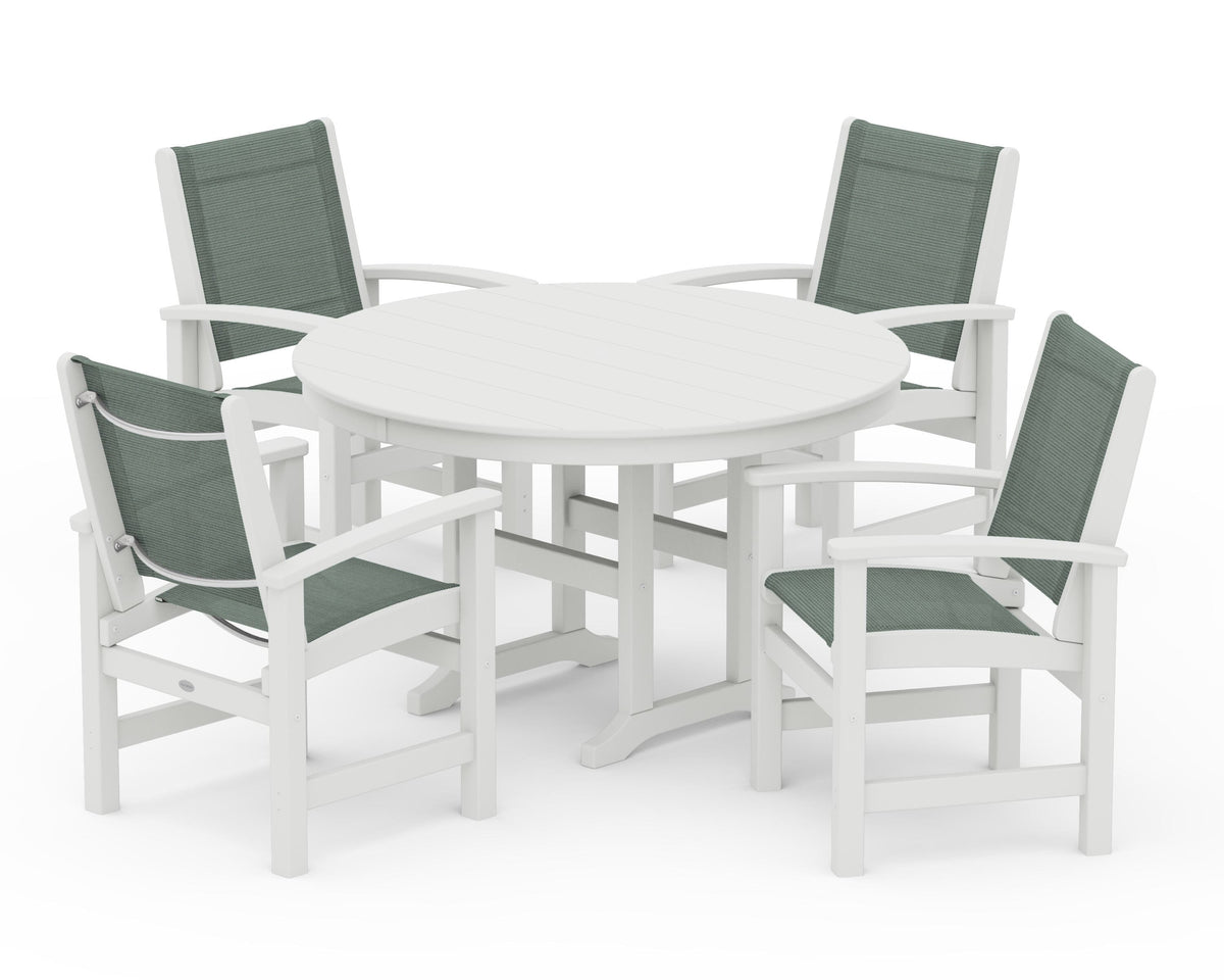 POLYWOOD Coastal 5-Piece Round Farmhouse Dining Set in Vintage White / Dupioni Sea Mist