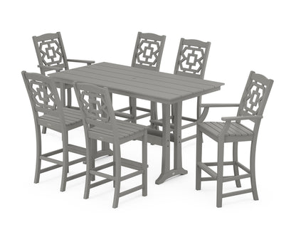 POLYWOOD Chinoiserie 7-Piece Farmhouse Bar Set with Trestle Legs in Slate Grey