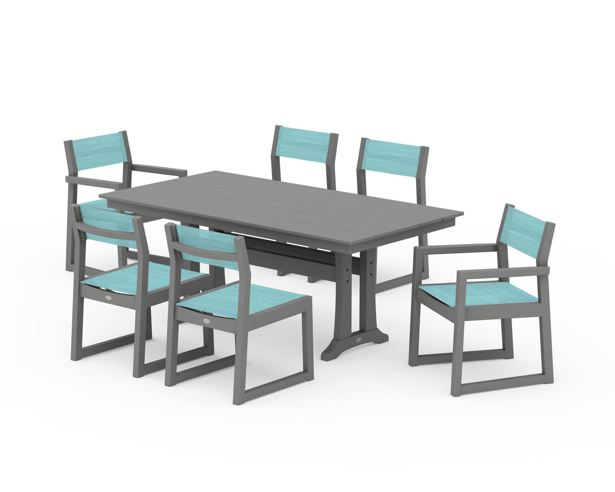 POLYWOOD EDGE Sling 7-Piece Farmhouse Trestle Dining Set in Slate Grey / Dupioni Aquamarine