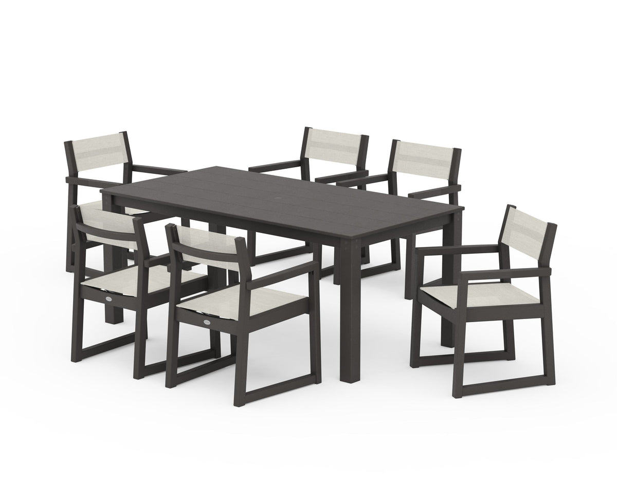 POLYWOOD EDGE Sling Arm Chair 7-Piece Parsons Dining Set in Vintage Coffee / Parchment