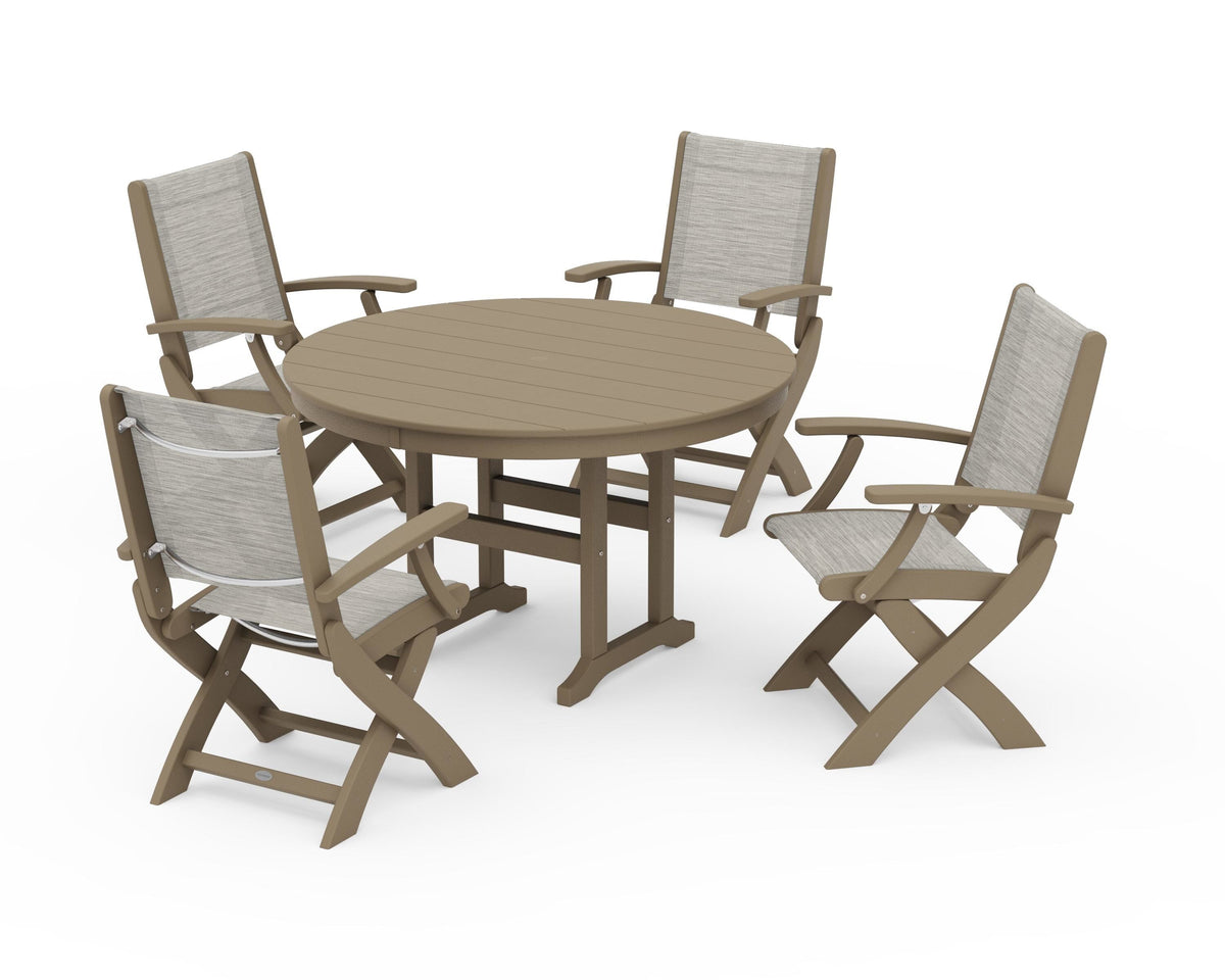 POLYWOOD Coastal Folding Chair 5-Piece Round Dining Set in Vintage Sahara / Birch