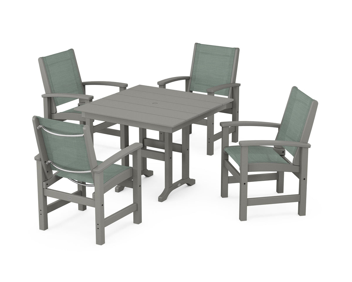 POLYWOOD Coastal 5-Piece Farmhouse Dining Set with Farmhouse 37" Dining Table in Slate Grey / Dupioni Sea Mist