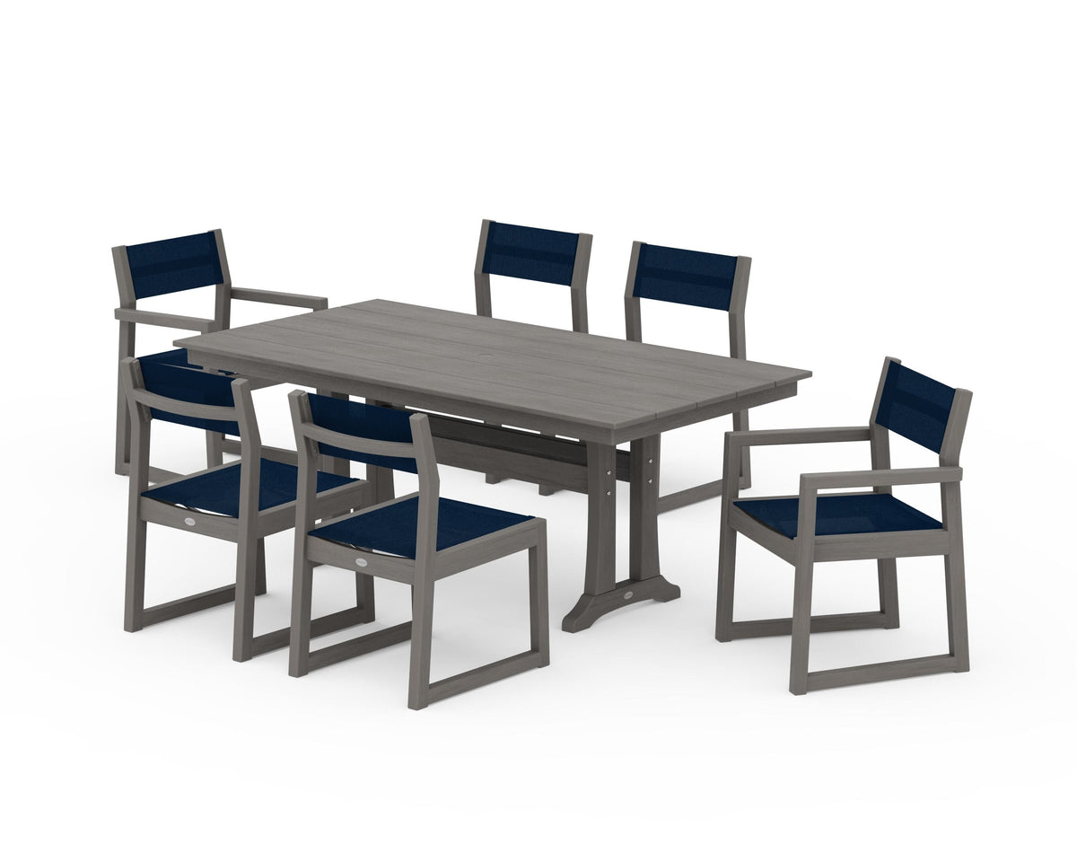 POLYWOOD EDGE Sling 7-Piece Farmhouse Trestle Dining Set in Driftwood / Navy Blue