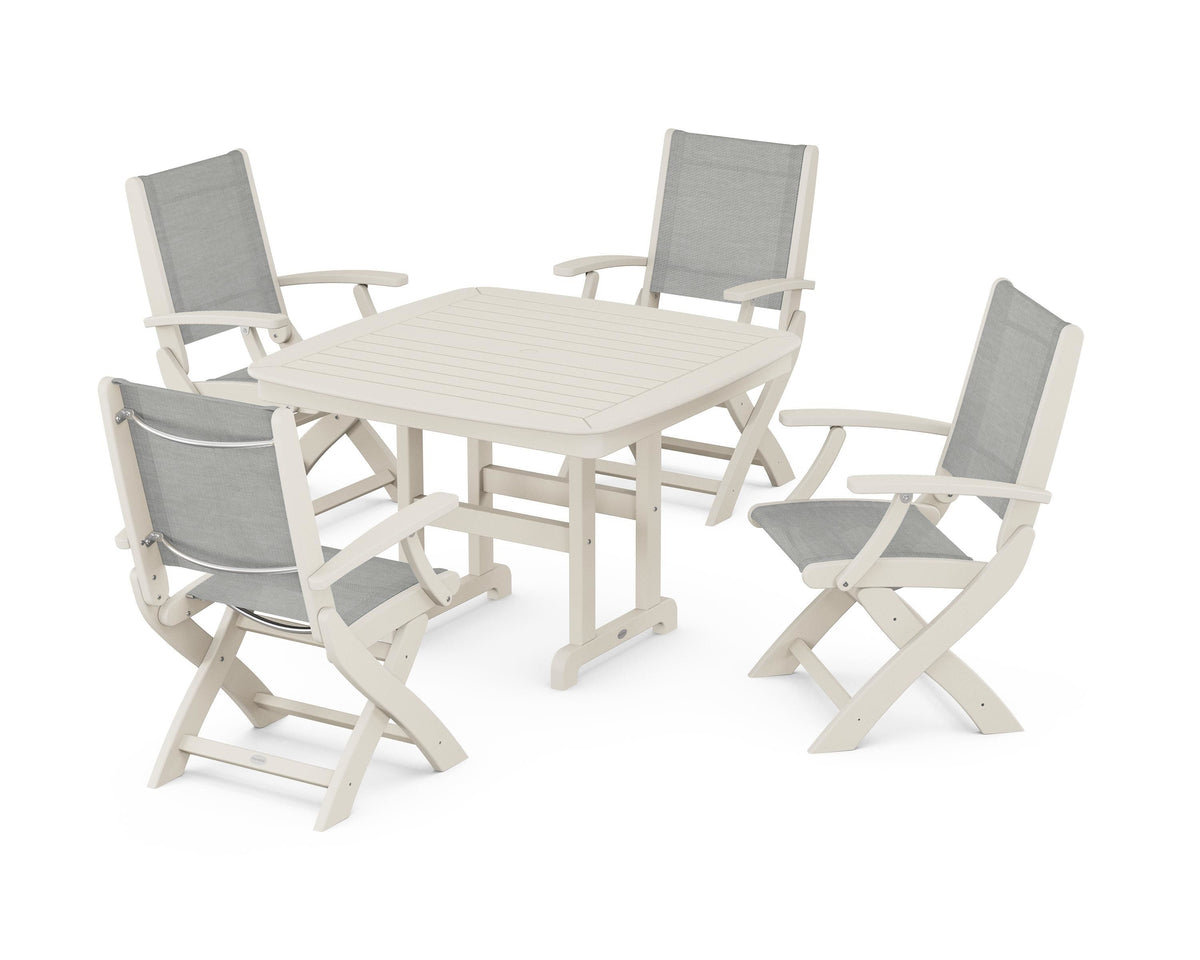 POLYWOOD Coastal Folding Chair 5-Piece Dining Set with Nautical 44" Dining Table in Sand / Metallic