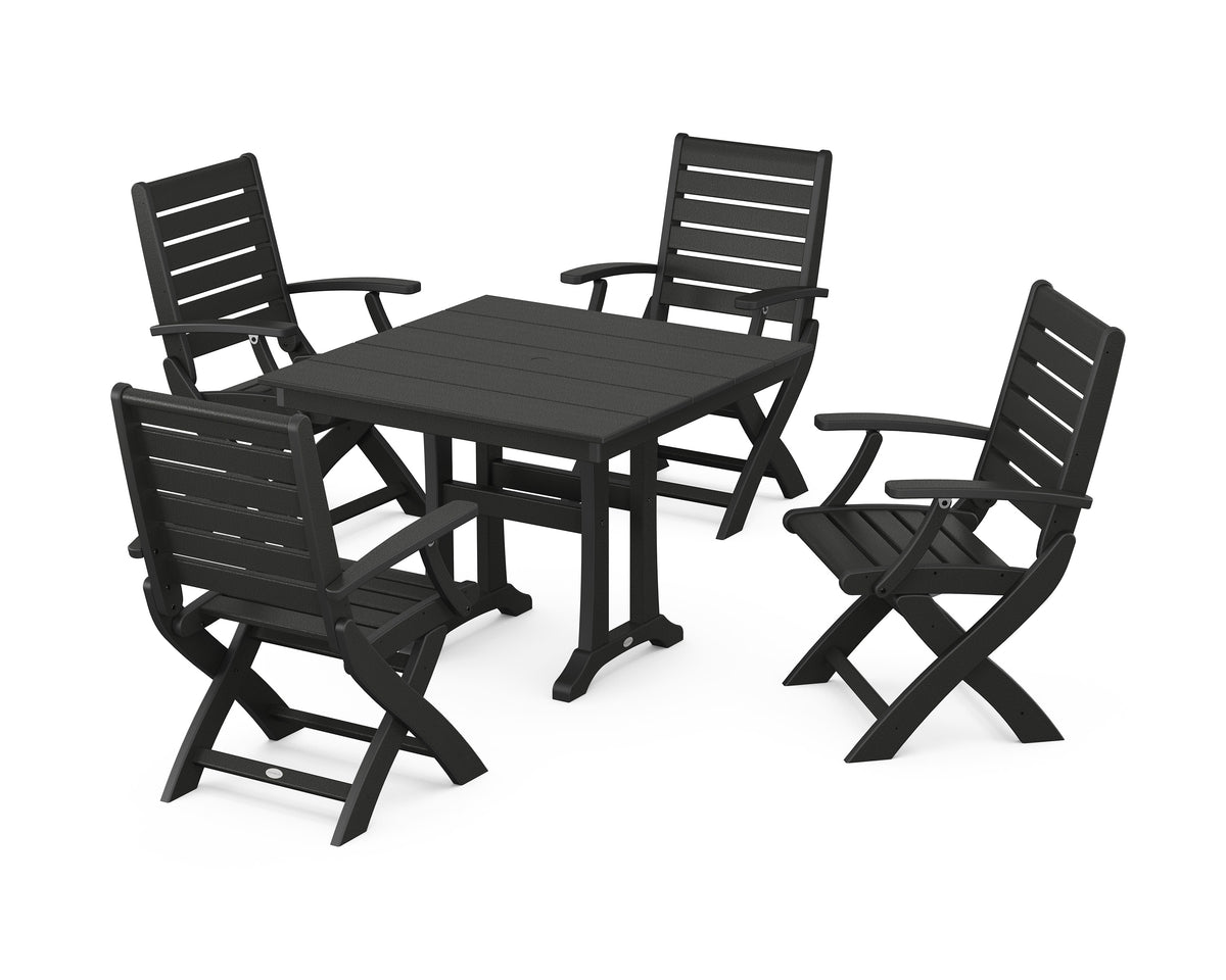 POLYWOOD Signature Folding Chair 5-Piece Farmhouse Dining Set with Trestle Legs in Black