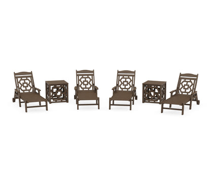 POLYWOOD Chinoiserie 6-Piece Chaise Set with Umbrella Stand Accent Table in Kona