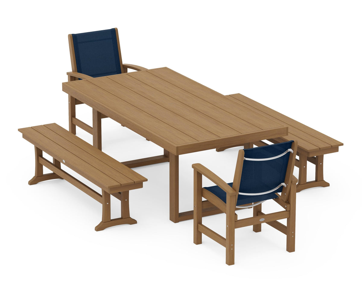 POLYWOOD Coastal 5-Piece Dining Set with Trestle Legs with EDGE 40" x 78" Dining Table in Natural / Navy Blue