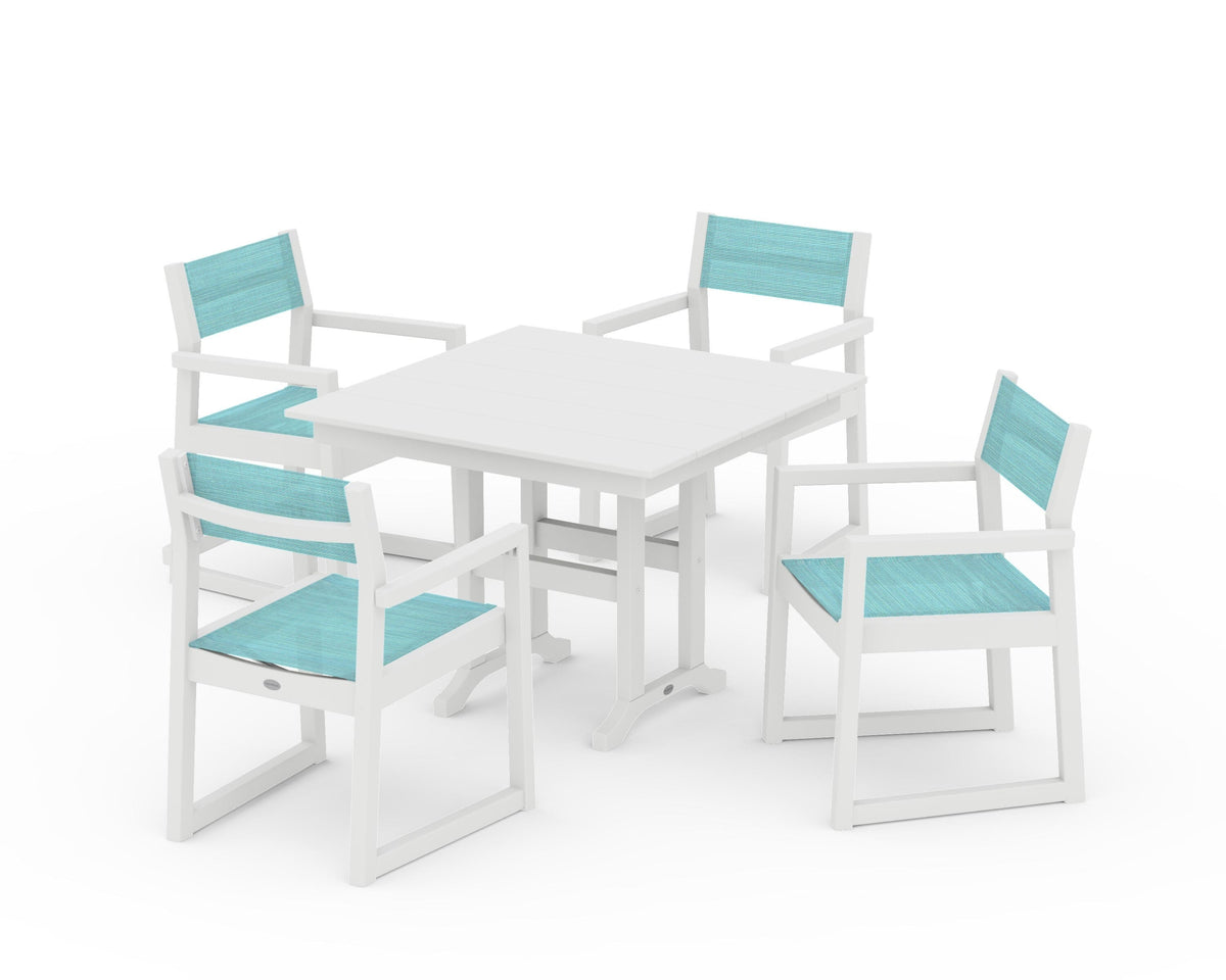 POLYWOOD EDGE Sling Arm Chair 5-Piece Farmhouse Dining Set in White / Dupioni Aquamarine