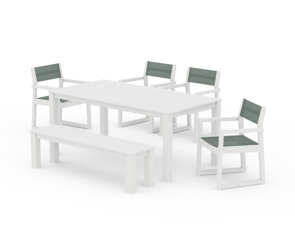 POLYWOOD EDGE Sling Arm Chair 6-Piece Parsons Dining Set with Bench in White / Dupioni Sea Mist