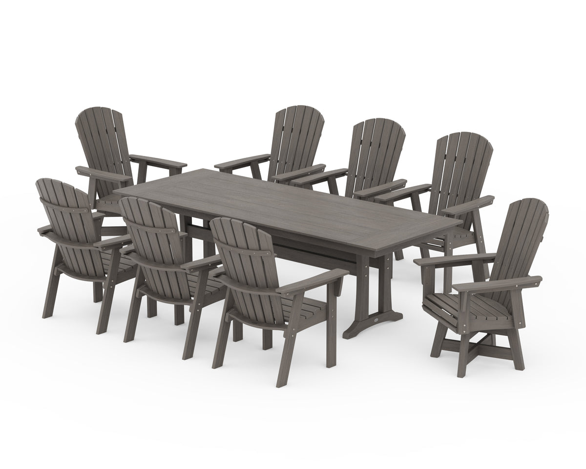 POLYWOOD Nautical Curveback Adirondack Swivel 9-Piece Farmhouse Dining Set with Trestle Legs in Driftwood