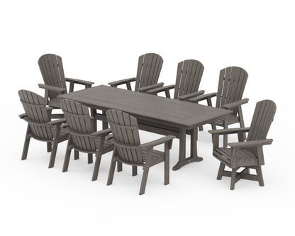 POLYWOOD Nautical Curveback Adirondack Swivel 9-Piece Farmhouse Dining Set with Trestle Legs in Driftwood