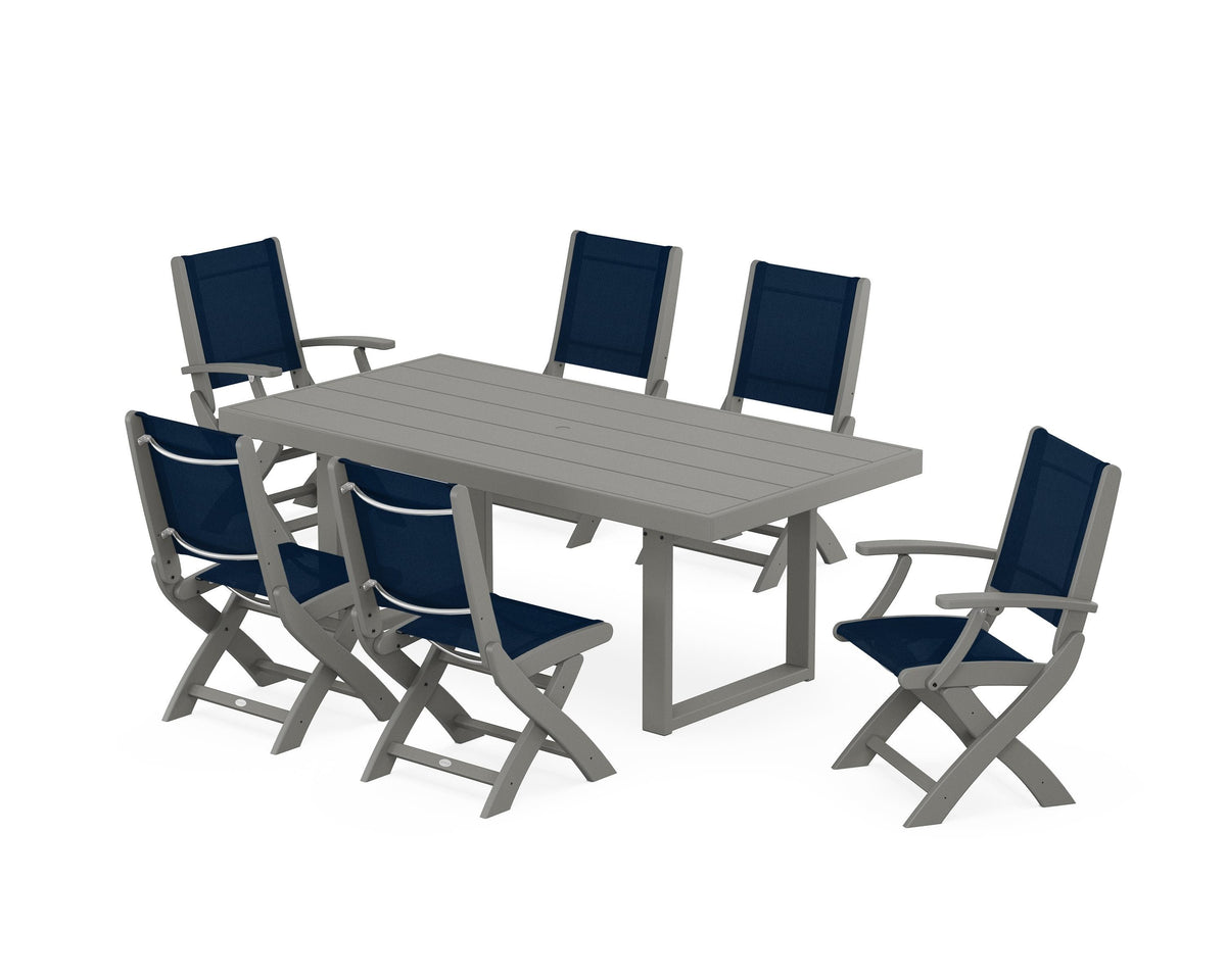 POLYWOOD Coastal Folding Chair 7-Piece Dining Set with Trestle Legs with EDGE 40" x 78" Dining Table in Slate Grey / Navy Blue